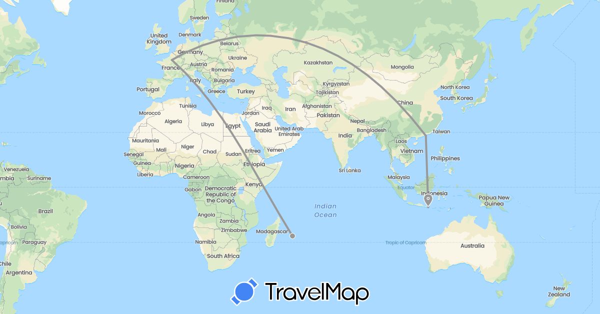 TravelMap itinerary: plane in France, Hong Kong, Indonesia, Réunion (Africa, Asia, Europe)